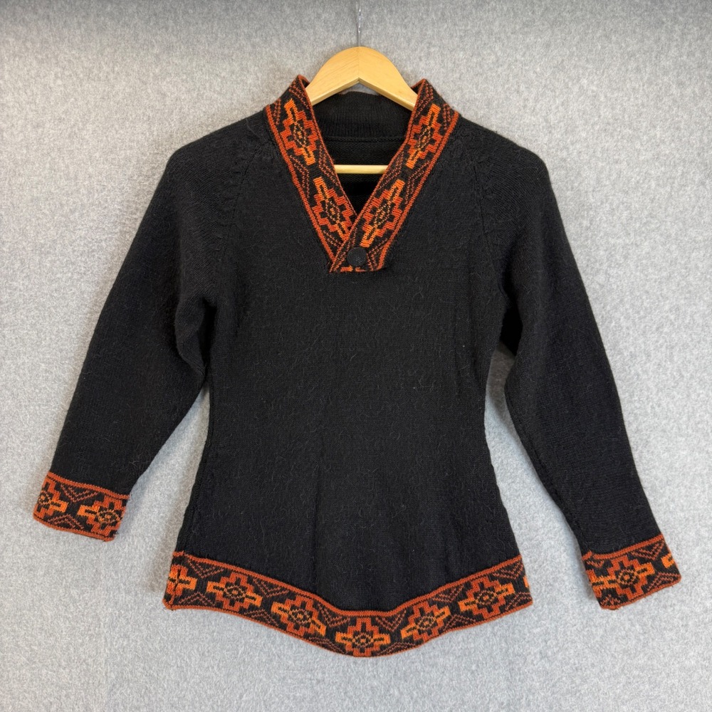 Pachamama Black Orange Knit Pullover Sweater VNeck Peru Alpaca Blend Tribal XS ?